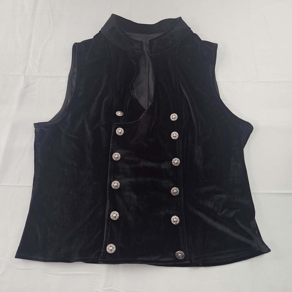 Velvet Vest Womens Large Black Silver Button Military Gothic Steampunk Waistcoat